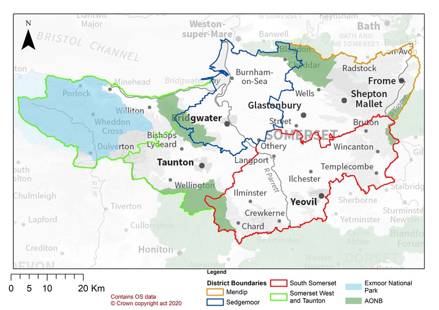 Map of Somerset with district boundaries added